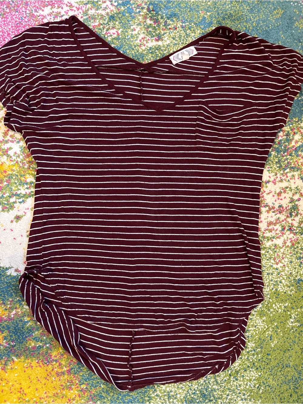Pink Rose Burgundy & White Striped V-Neck Pocket Tee